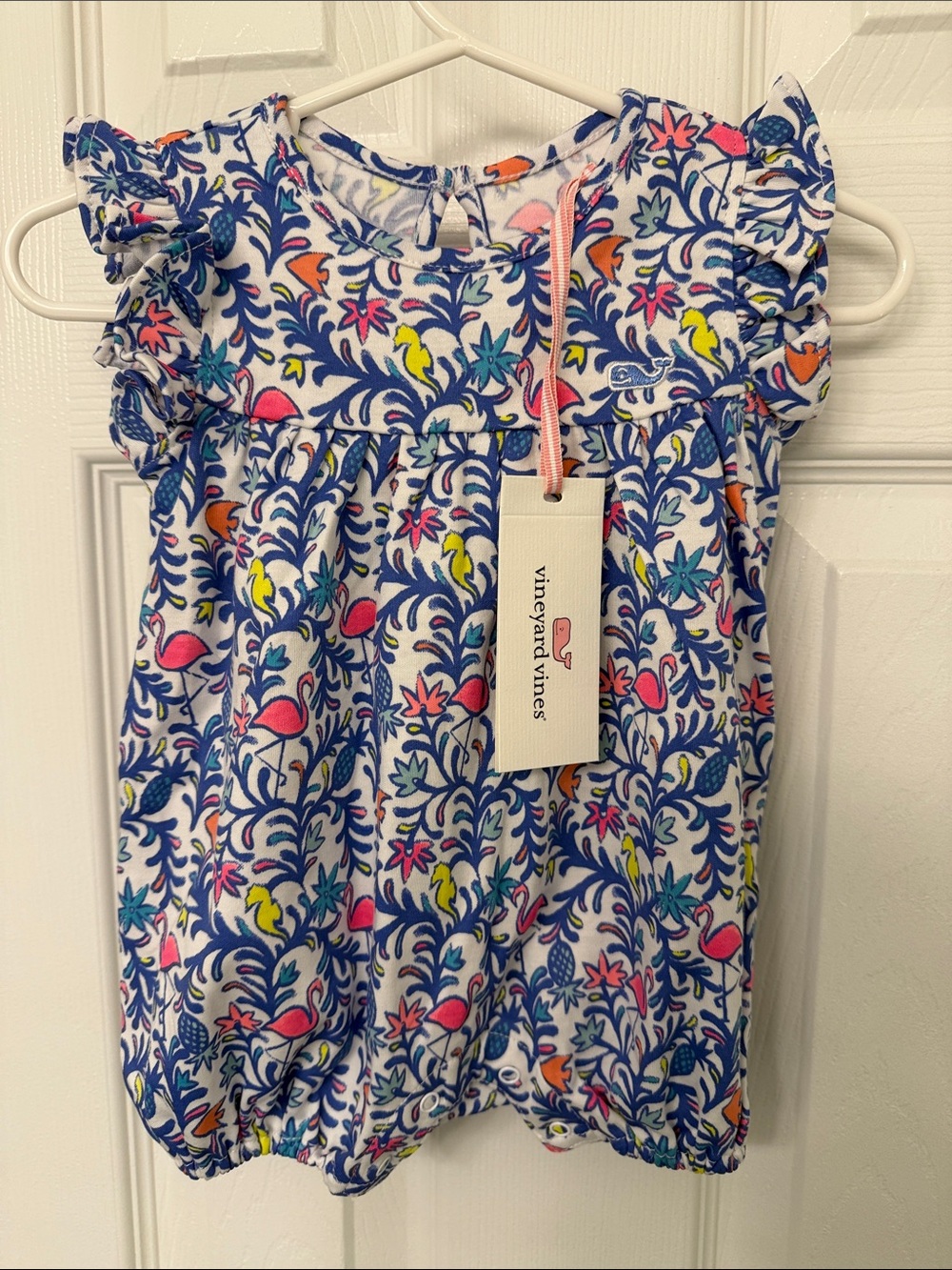 Vineyard Vines Floral Flamingo Ruffle Sleeve Romper